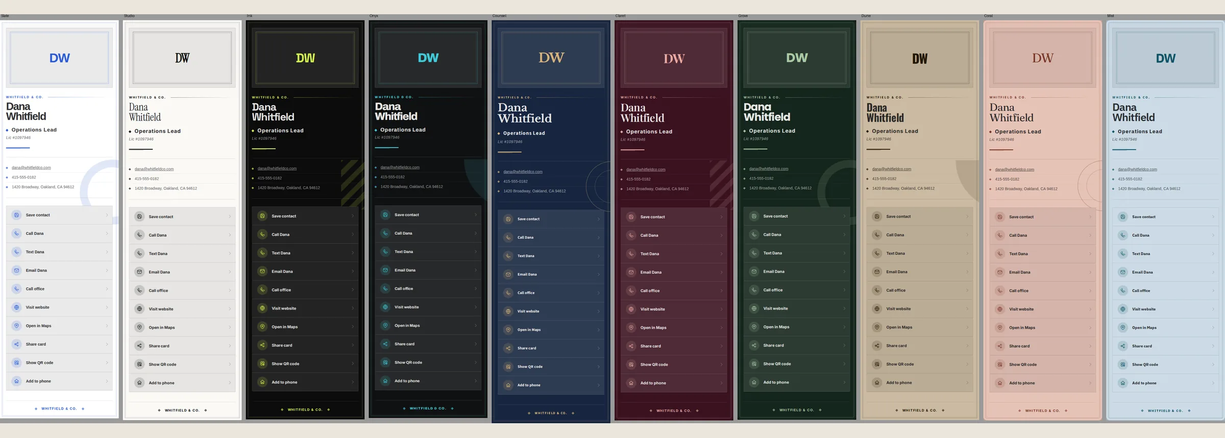 The ten card themes with the Atelier ornament system