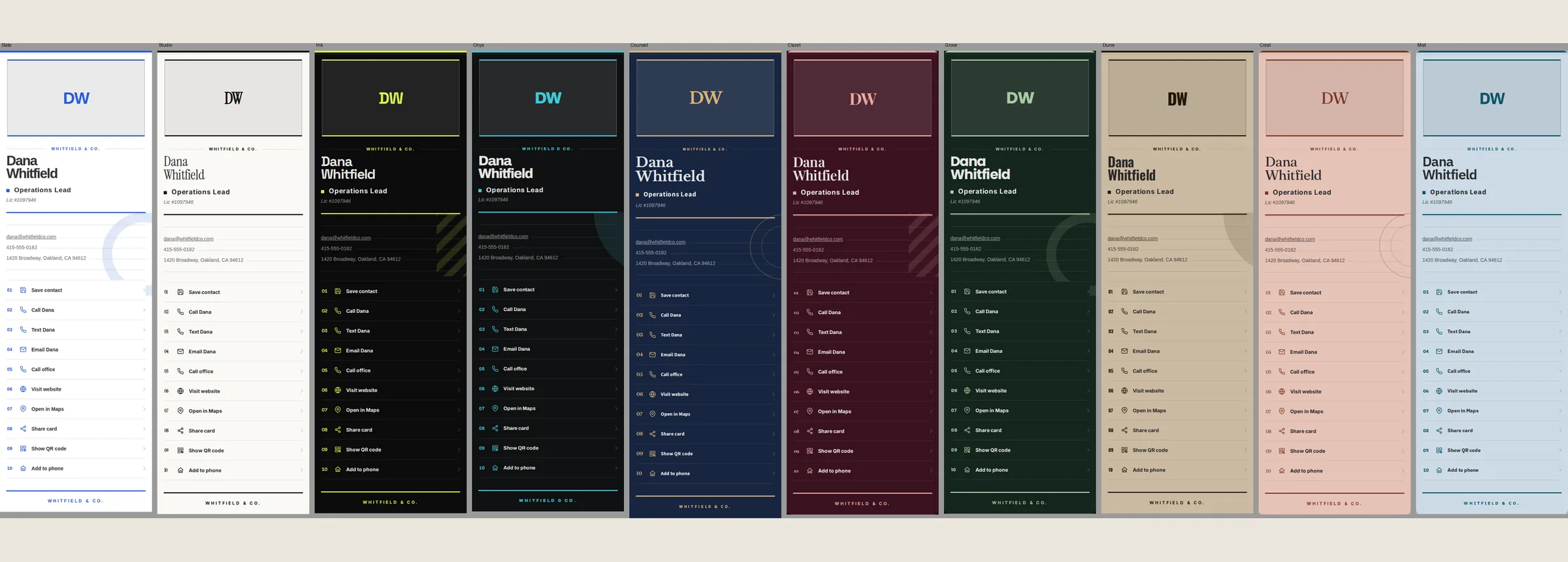 The ten card themes with the Gazette ornament system