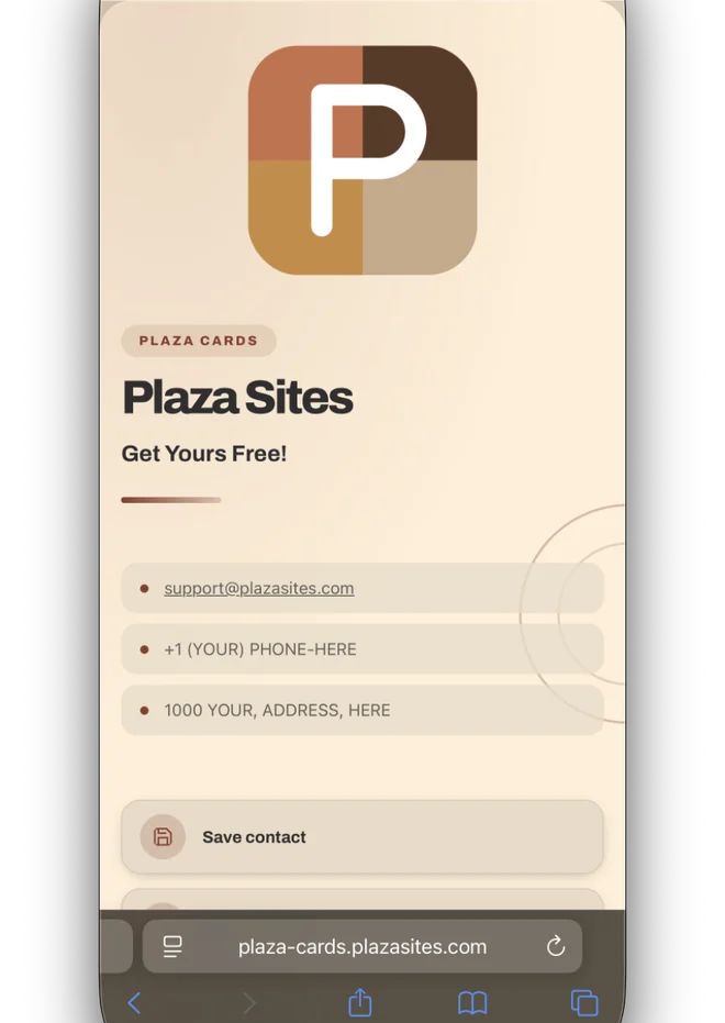 A Plaza card open in Safari with the full bottom bar showing