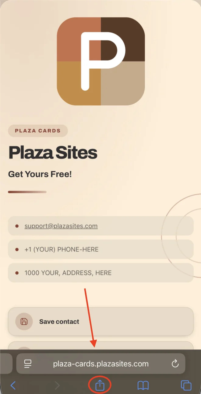 An arrow pointing to the circled Share button in Safari's bottom bar