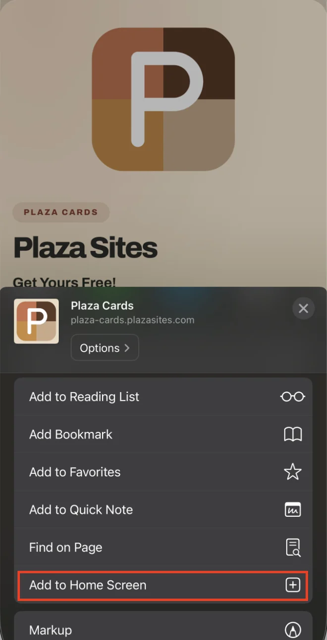 Safari's share sheet with Add to Home Screen outlined in the list of actions