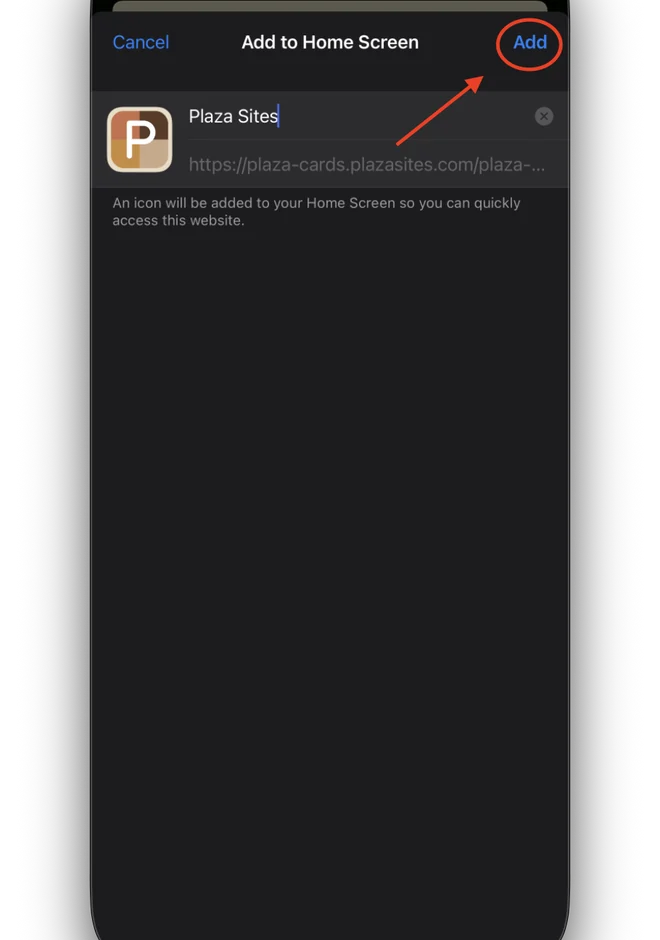 The Add to Home Screen sheet with the Add button in the top right circled