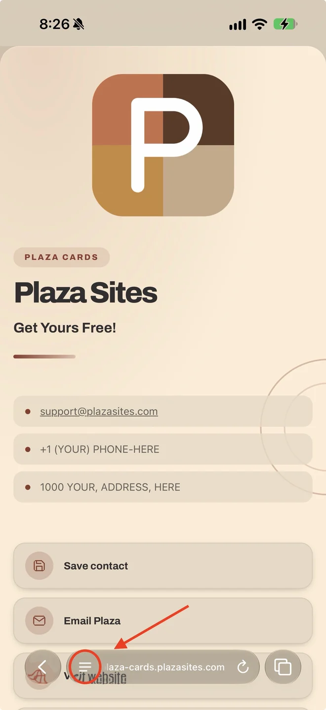 A Plaza card open in Safari, with the page menu button in the bottom bar highlighted