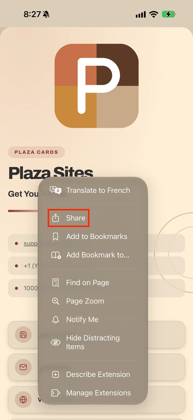 The Safari page menu open, with Share highlighted