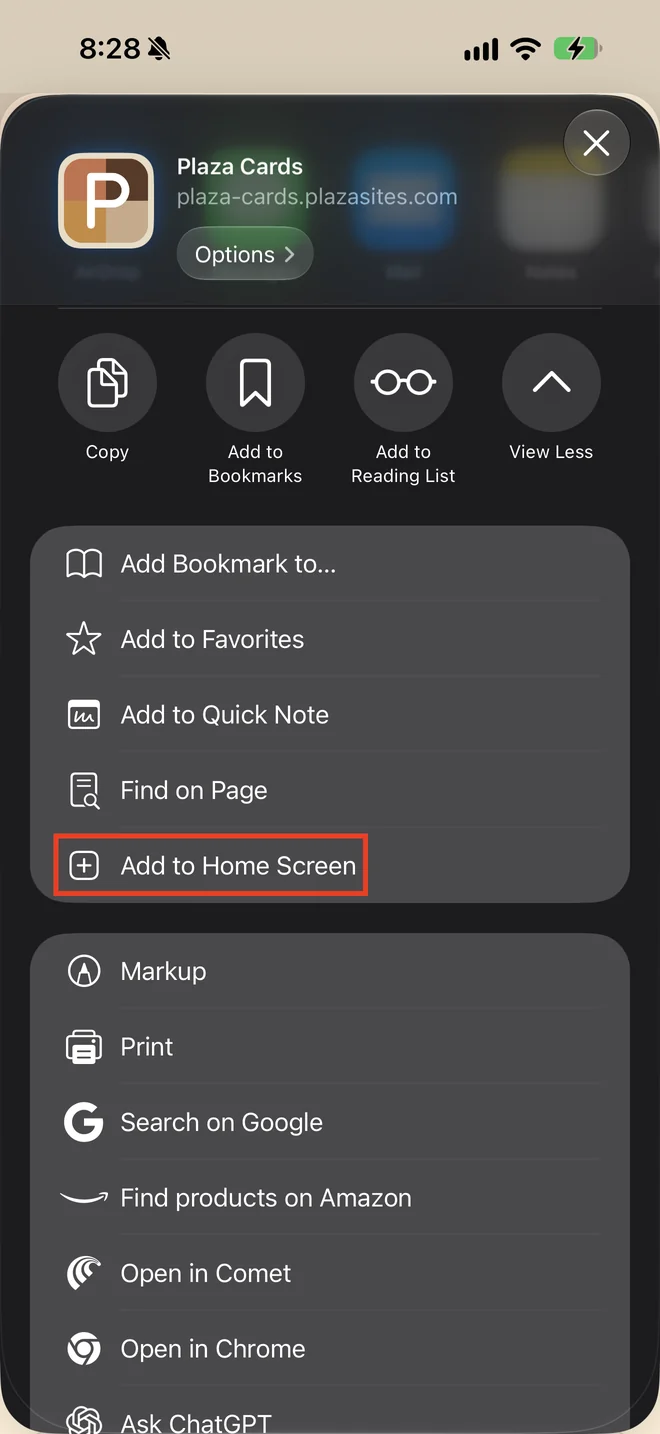 The expanded share sheet list, with Add to Home Screen highlighted