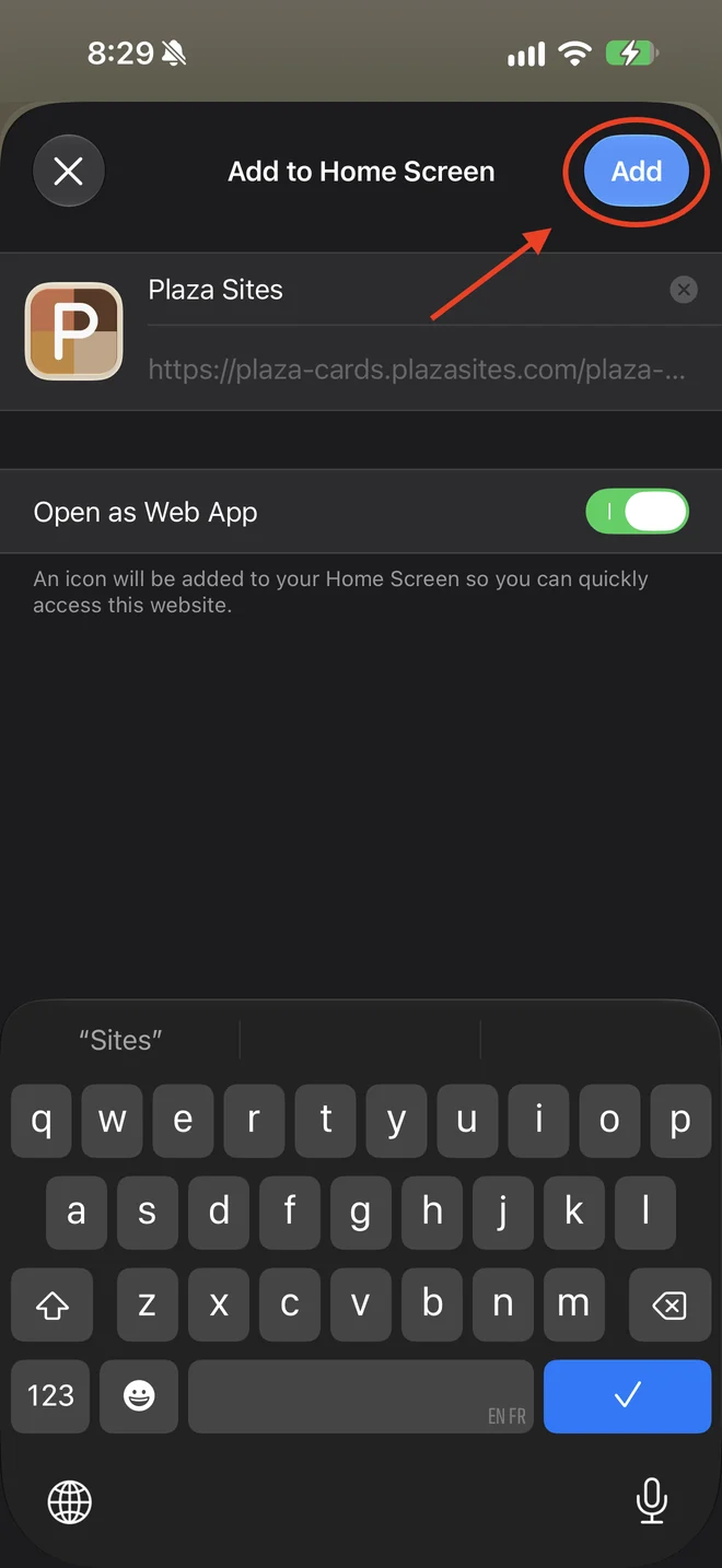 The Add to Home Screen panel, with Open as Web App switched on and the Add button highlighted