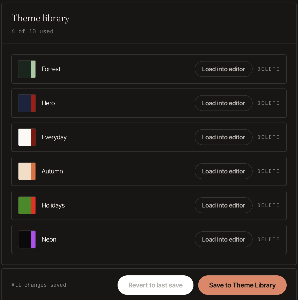 The Solo theme library in a Plaza account: six saved themes named Forrest, Hero, Everyday, Autumn, Holidays and Neon, each with its two colors and a Load into editor button.