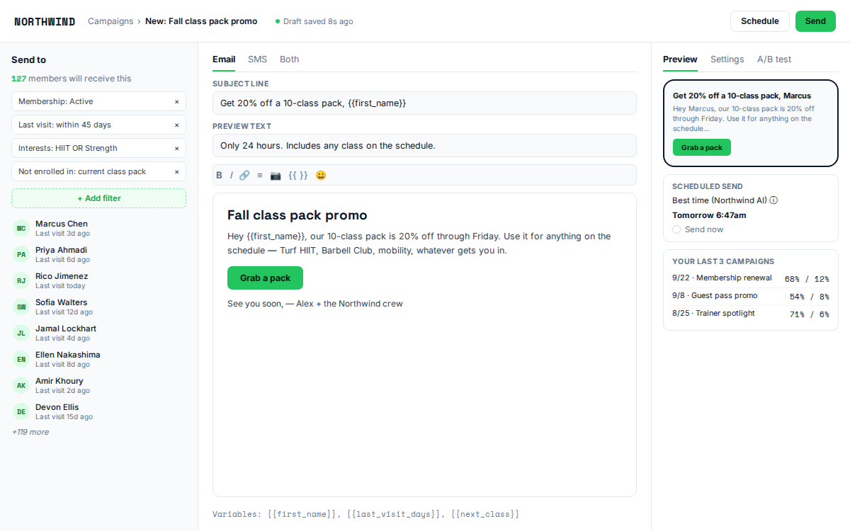 CRM Suite example for a fitness studio, showing a campaign builder with segment picker, email composer, and scheduled send preview