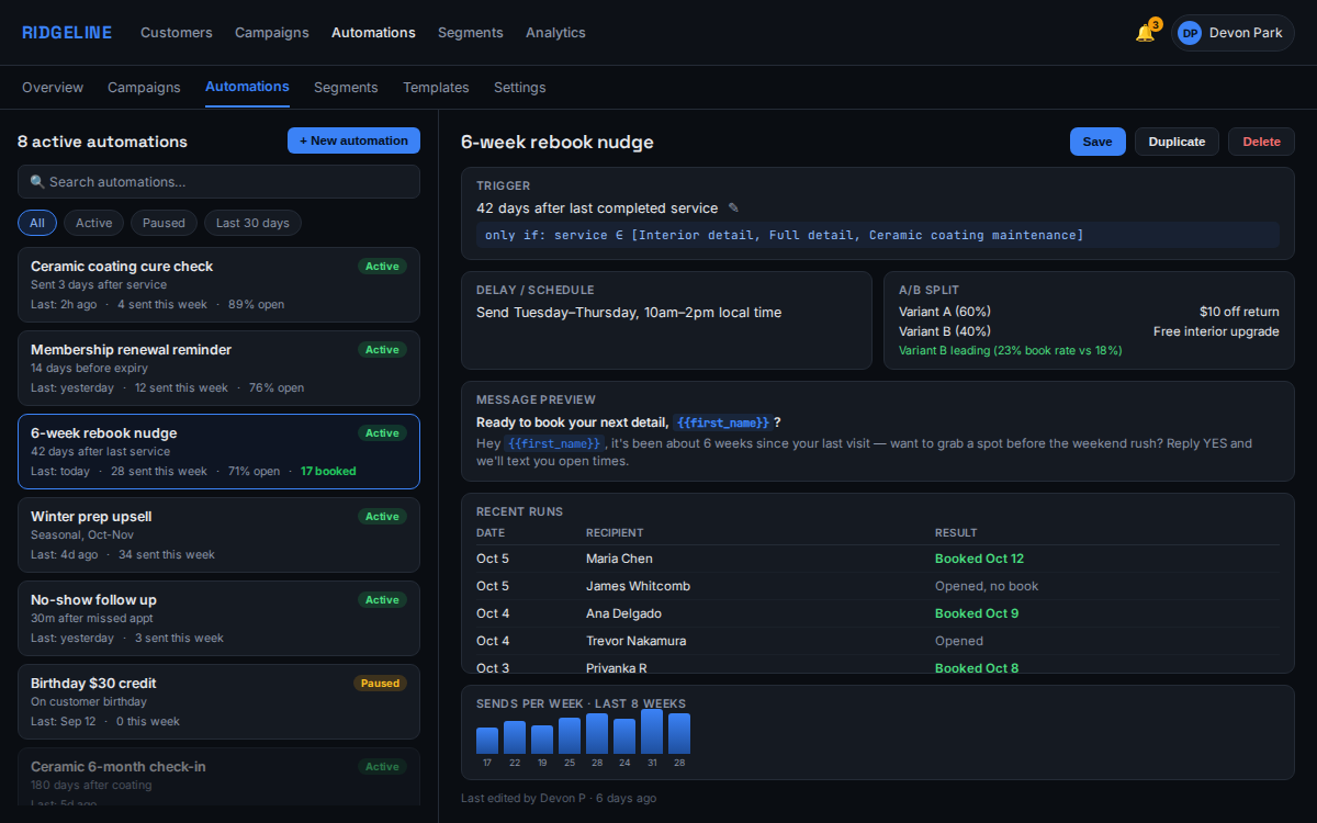 CRM Suite example for an auto detail shop, showing the automations dashboard with active rules, trigger conditions, message preview, and recent send history