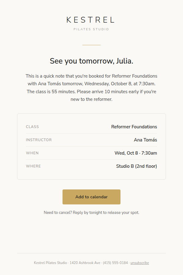 Branded email example for a pilates studio, minimalist light theme with warm brass accent, showing an appointment reminder for a reformer class