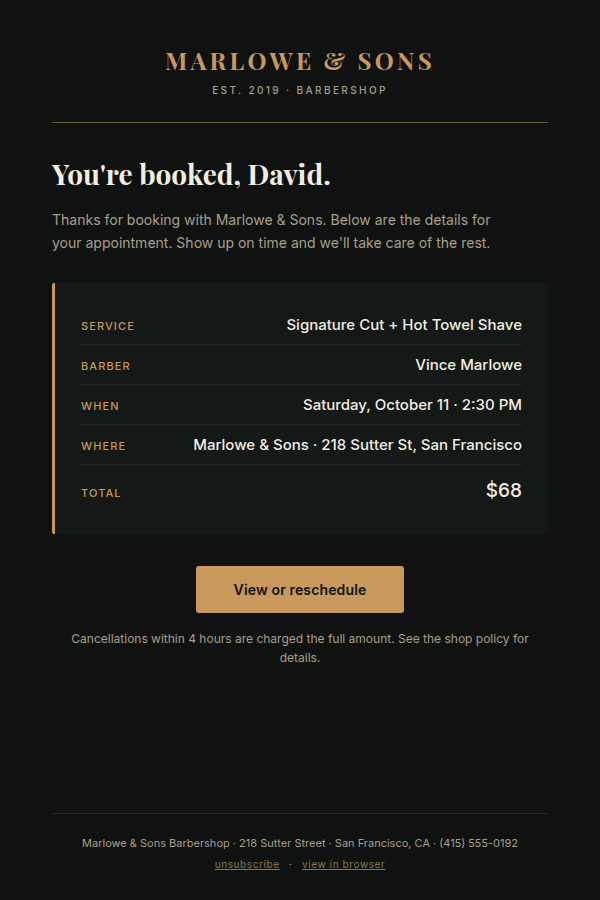 Branded email example for a barbershop, dark theme with brass accents, showing a booking confirmation for a Signature Cut with Hot Towel Shave