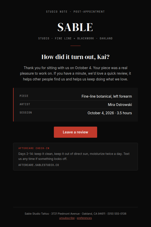 Branded email example for a tattoo studio, dark theme with dried-blood red accent, showing a post-appointment review request