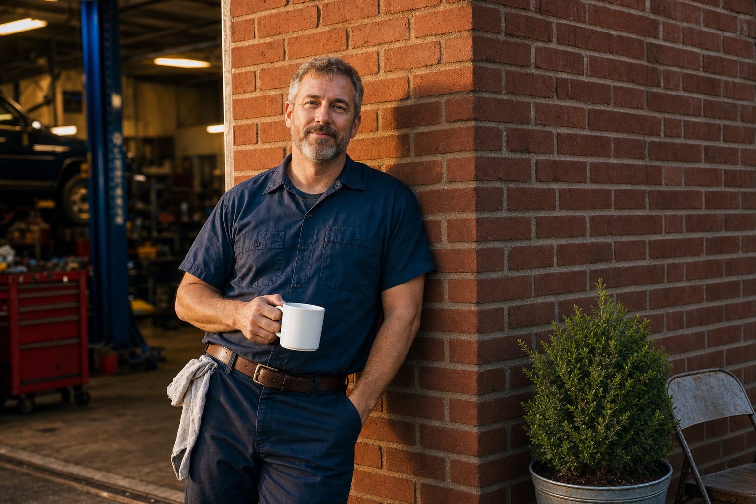 A mechanic with coffee outside his auto service garage