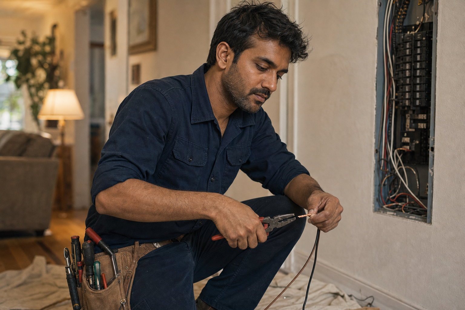 An electrician at work on a residential job