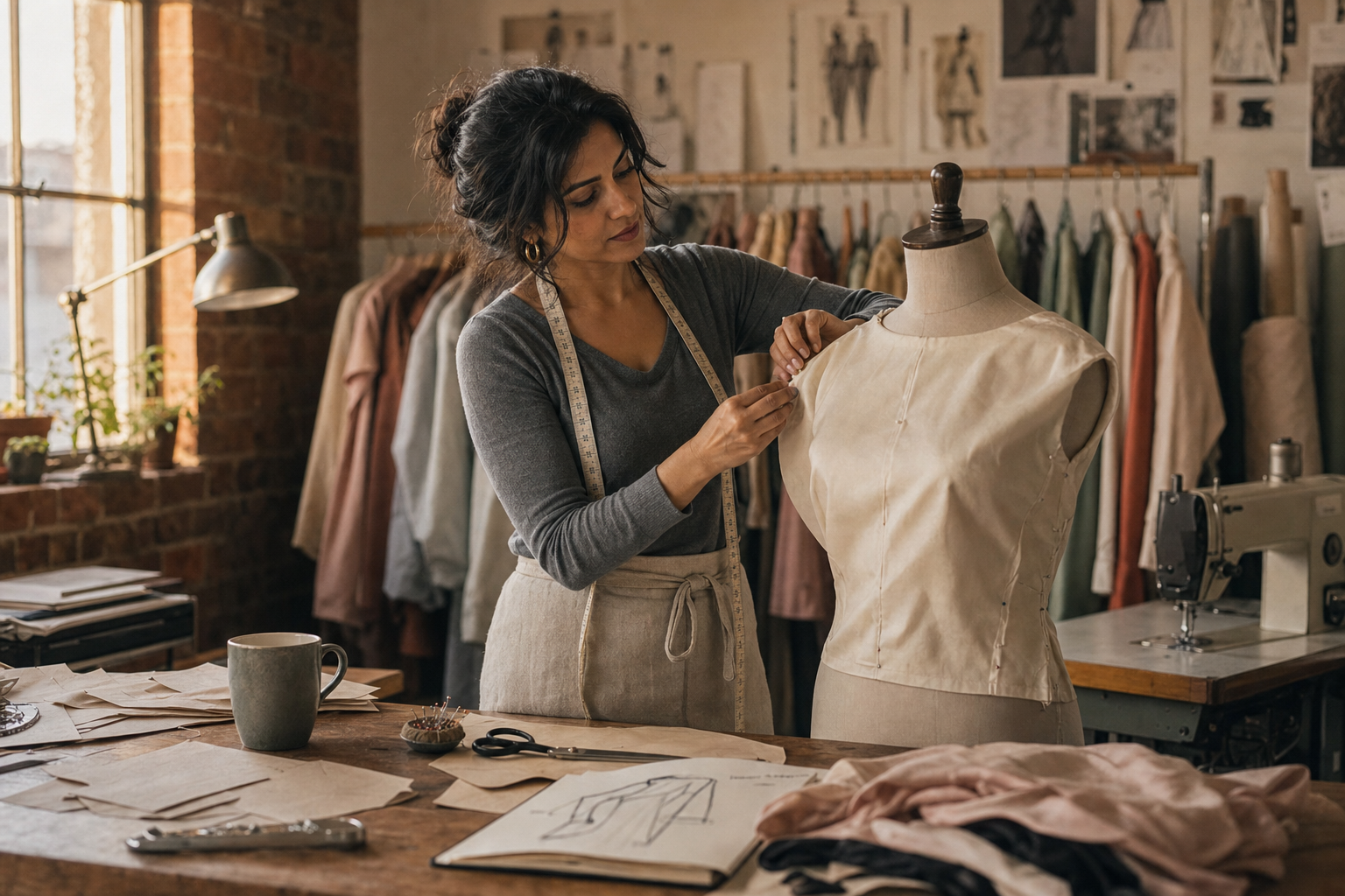 A fashion designer pinning a silk bodice on a dress form
