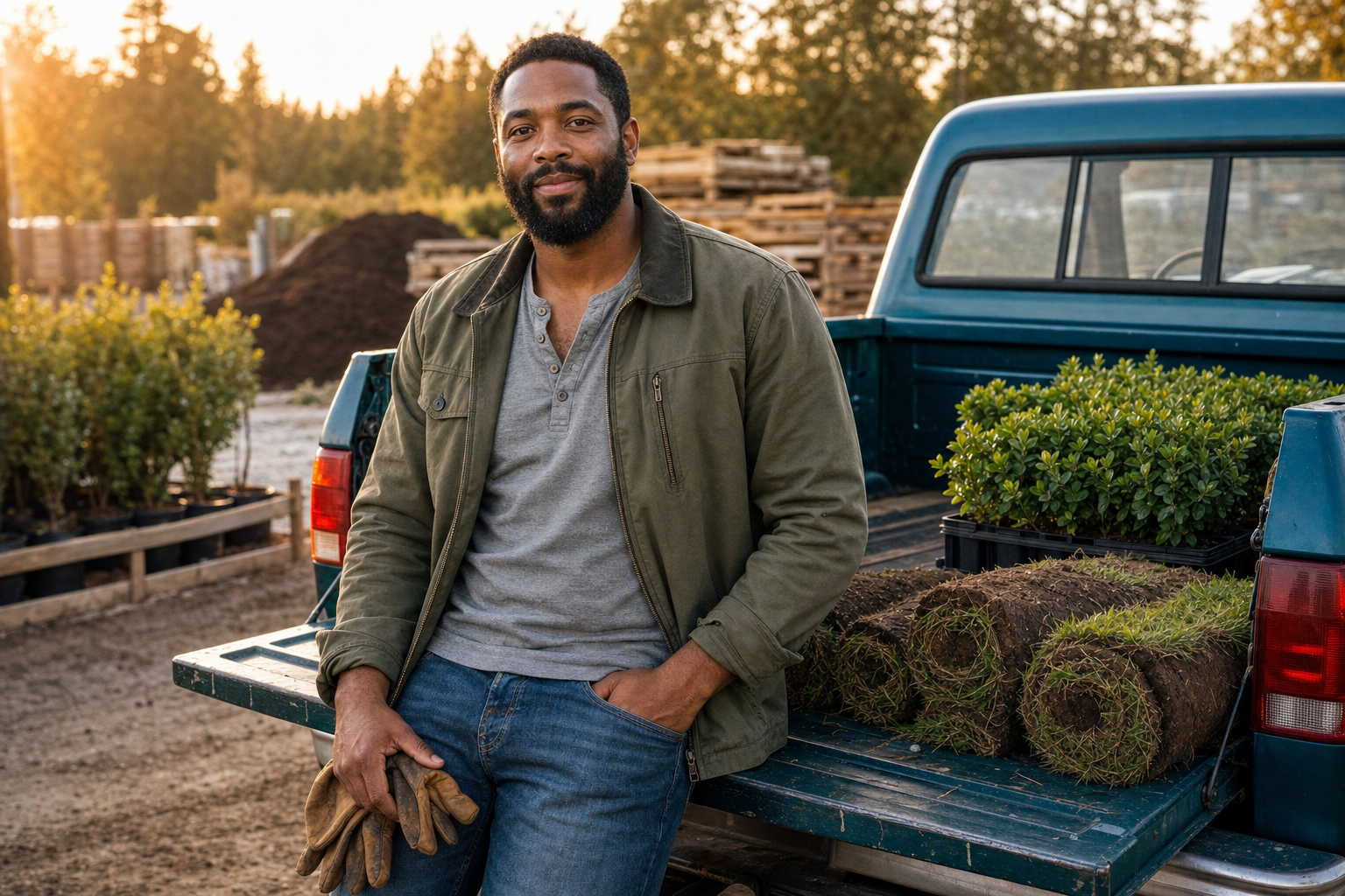 A landscaping business owner beside his work truck