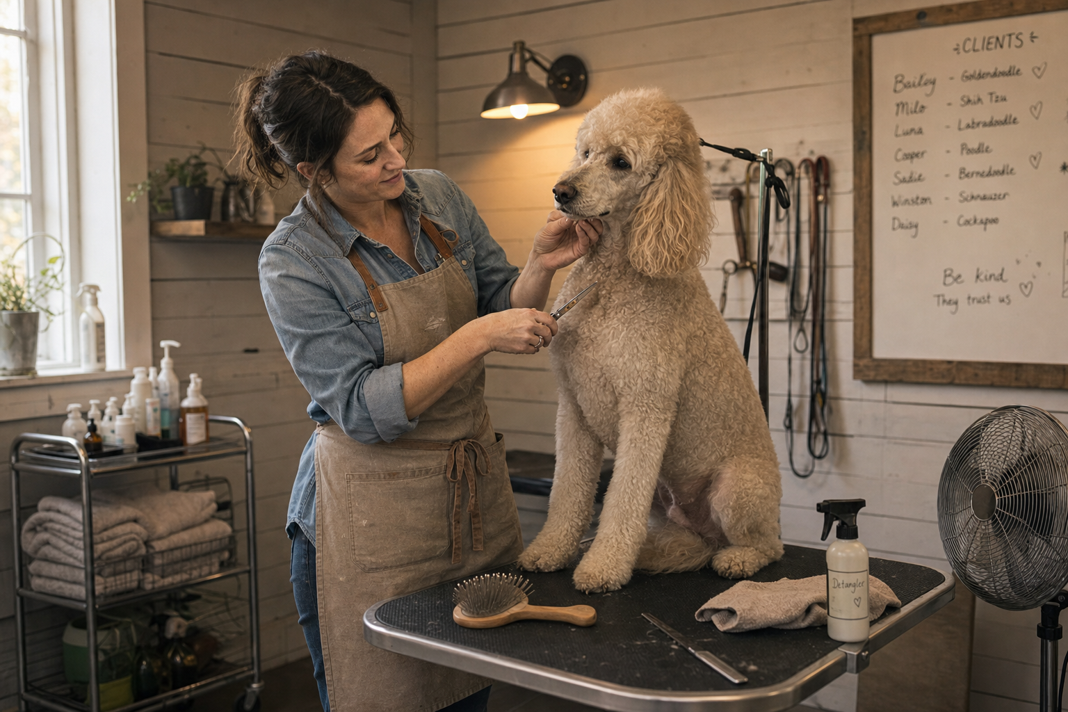 A pet groomer mid-trim on a standard poodle in her shop