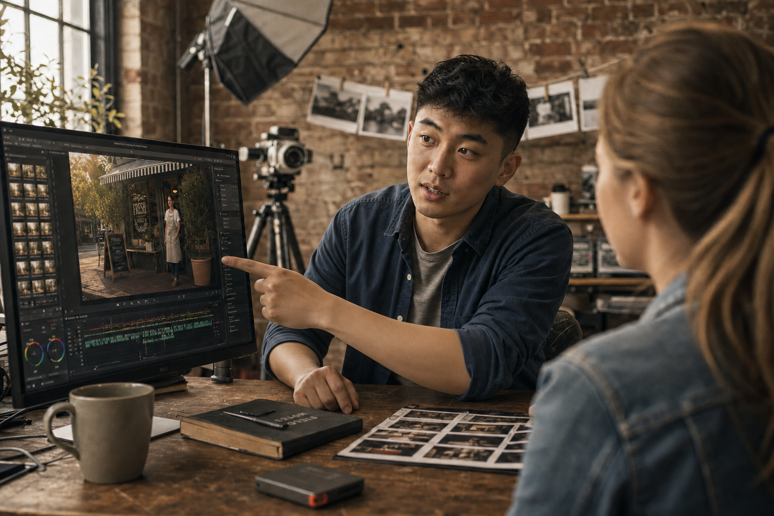 A video editor walking a client through a color-grade in his studio