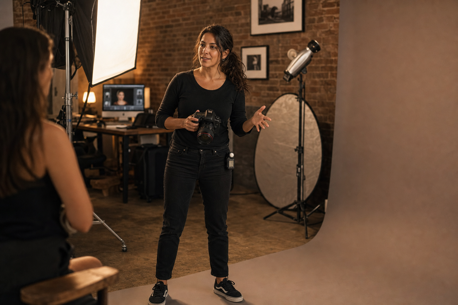 A photographer directing a client in her portrait studio