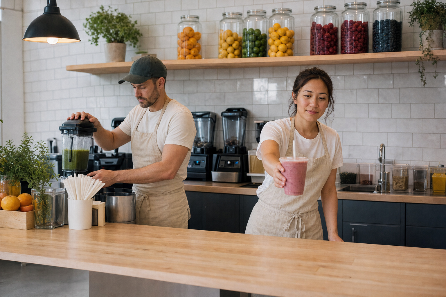 A smoothie shop owner behind the counter