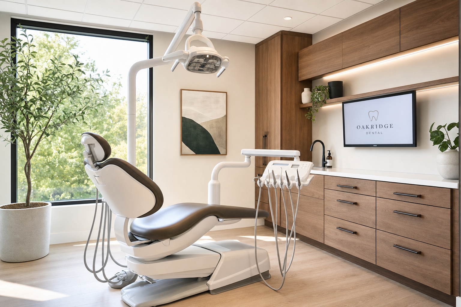Bayside Dental — reception and operatory on Park Street, Alameda