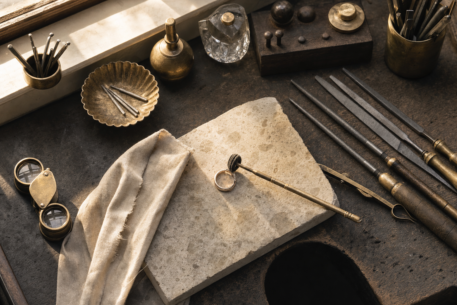 Jewelers workbench with brass tools